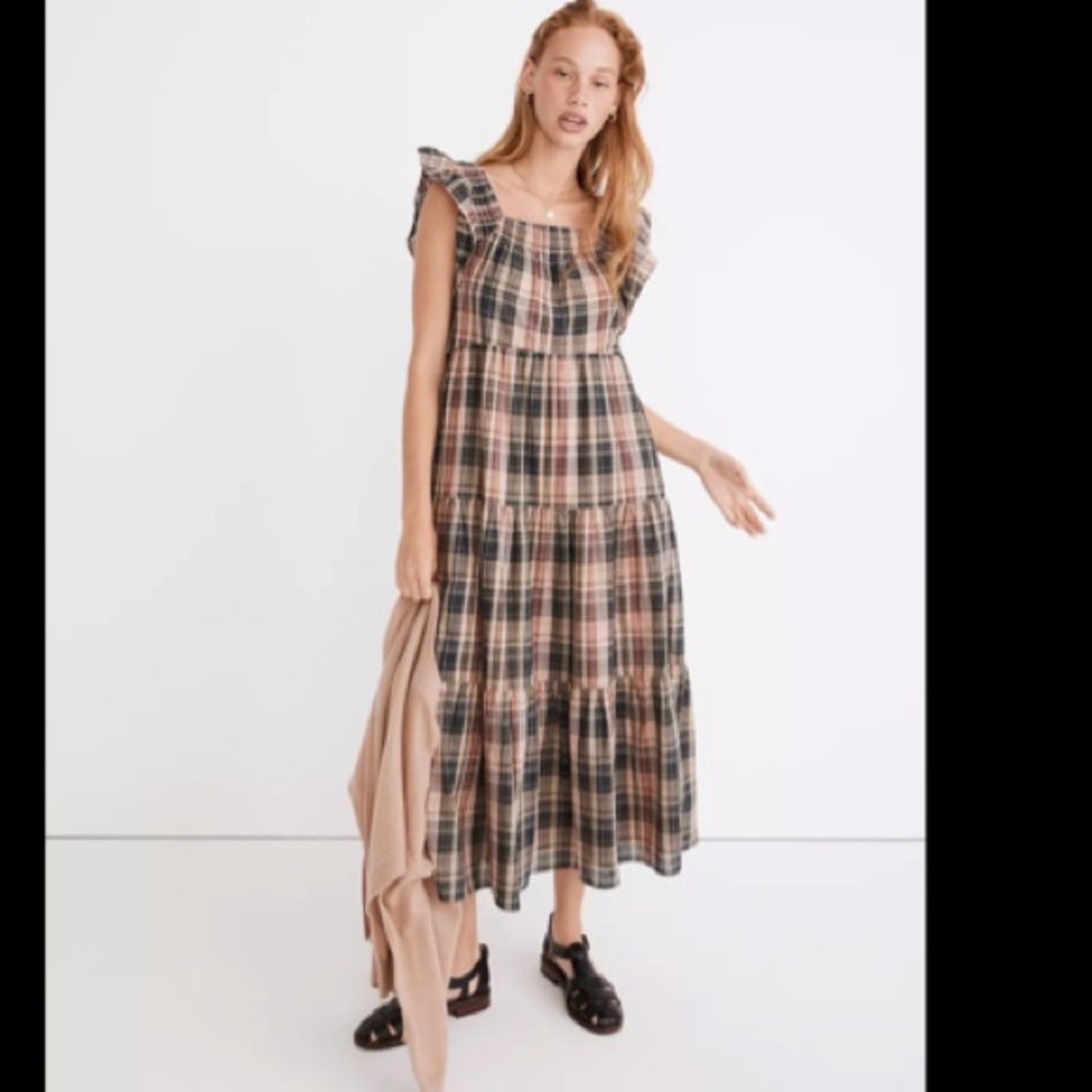 Madewell Flutter-Sleeve Tiered Midi Dress in Plaid Small